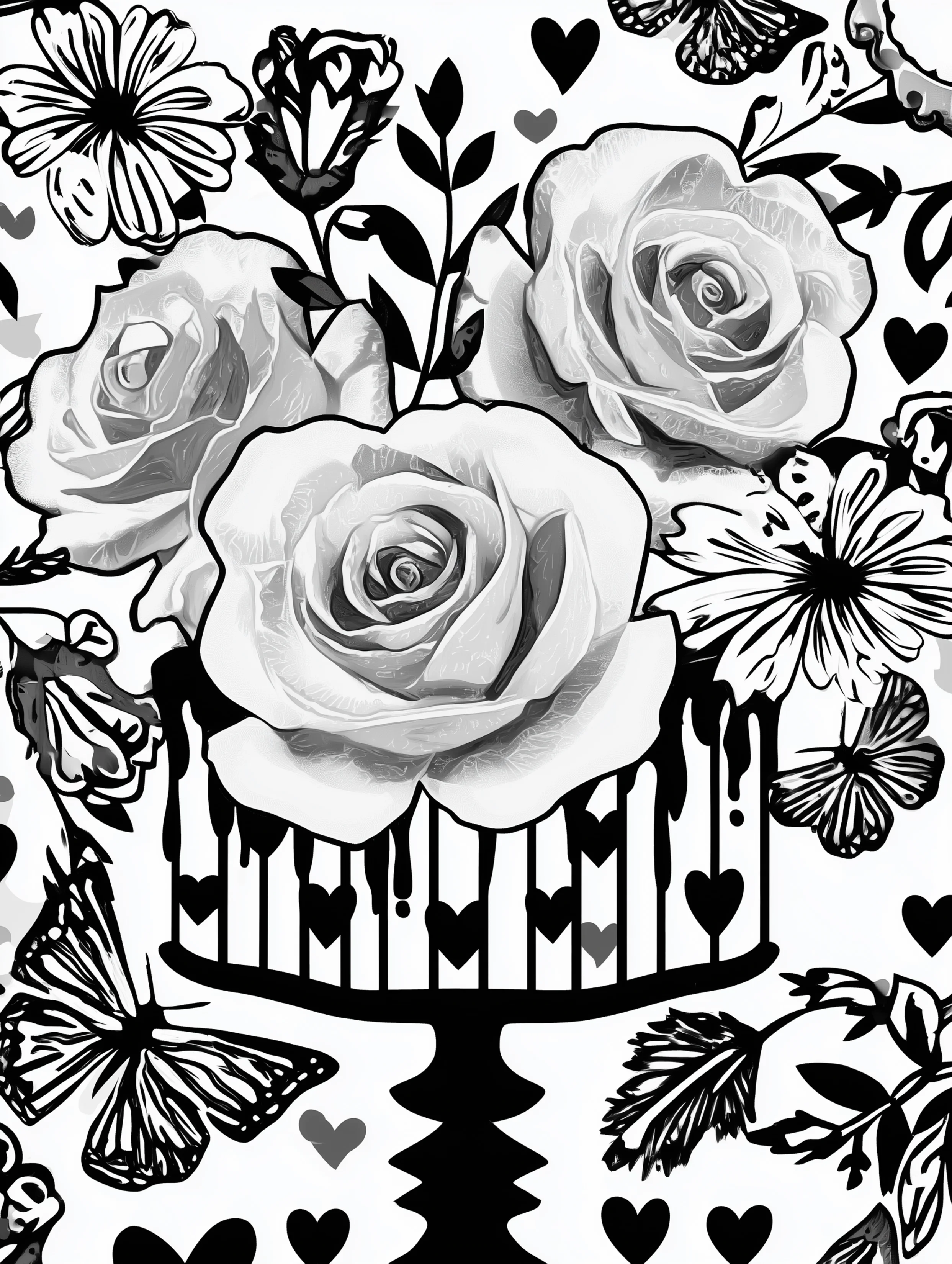 Free printable rose coloring page for adults featuring striped cake style roses